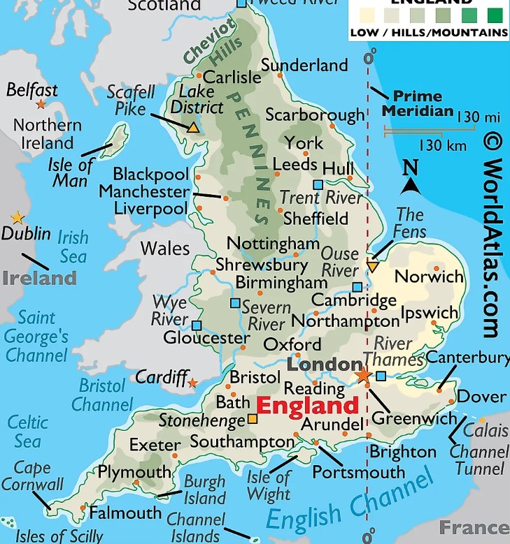 Map of England showing the Ren music sabbatical festival route — London, Brighton, Newquay, Winchester